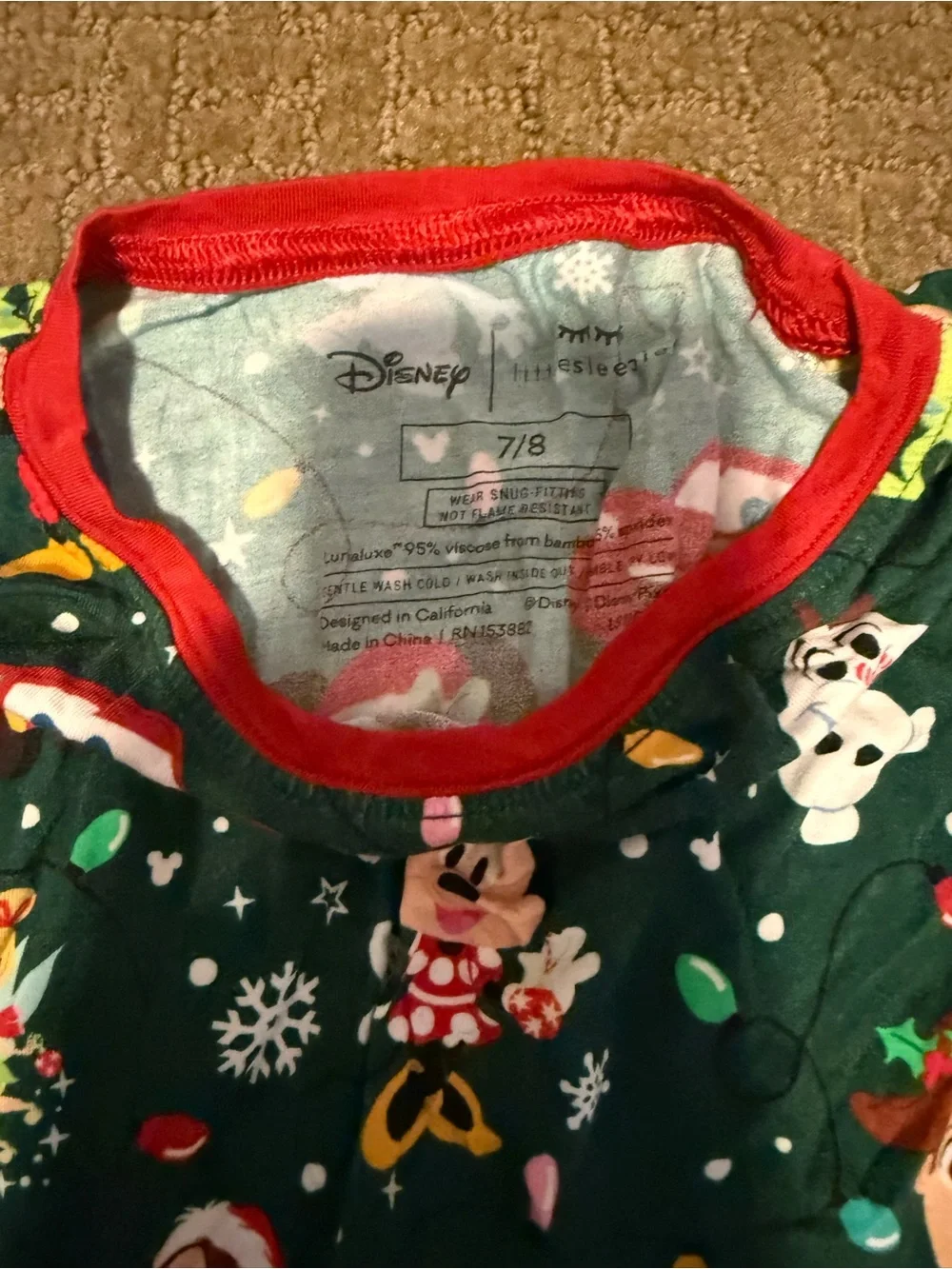 Disney Kids Green Holiday Character One-Piece Pajamas with Red Trim